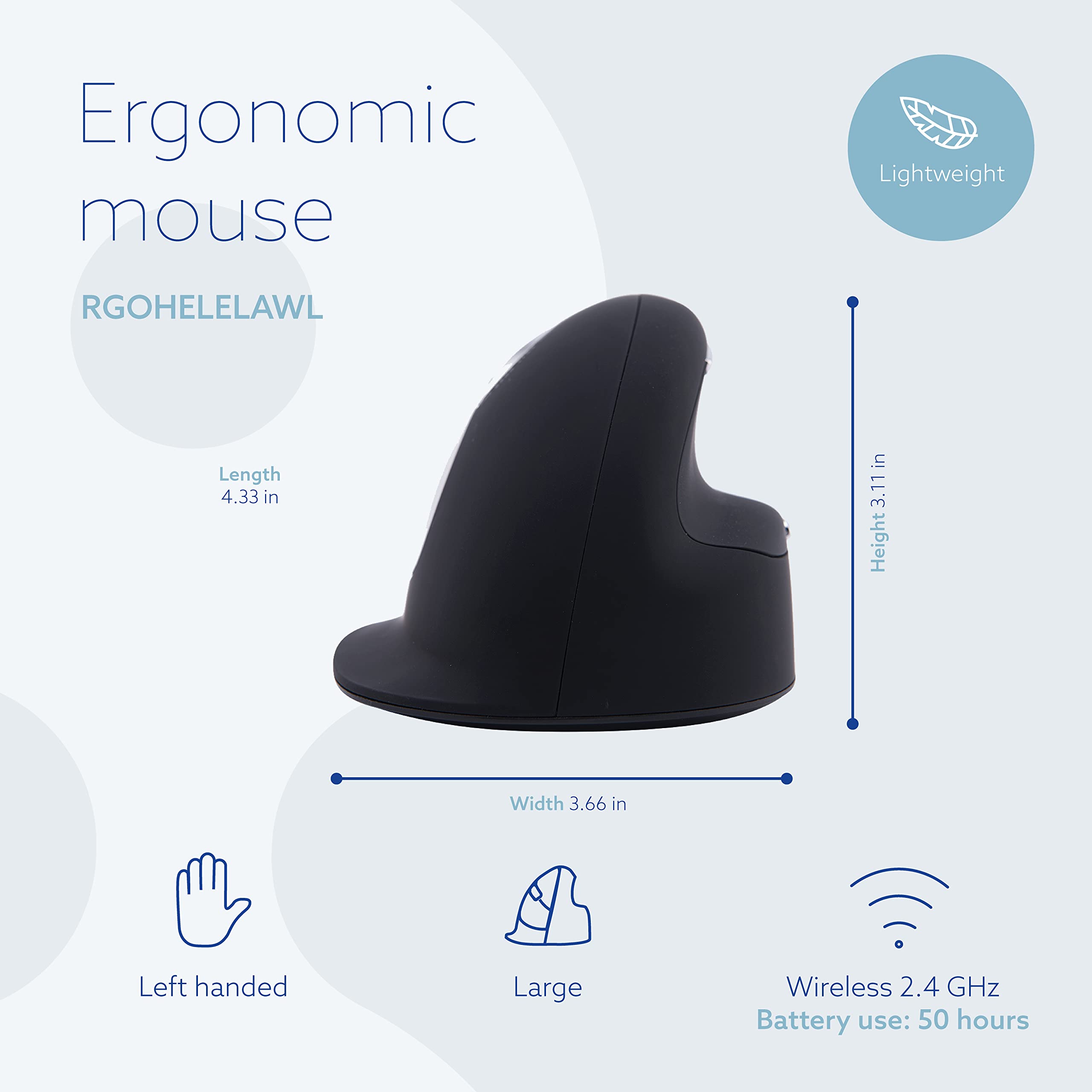 R Go He Vertical Ergonomic Mouse Wireless, Large Left Hand, 1750 Dpi, 5 Buttons, Prevents Tennis Elbow/Mouse Arm Rsi  Compatible